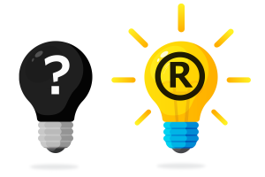 A black lightbulb emblazoned with a question mark in white and a yellow lightbulb emblazoned with a Trademark symbol in black with short yellow lines radiating outwards from the bulb.