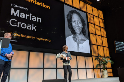 Marian Croak is honored at the State of Black Women Summit, an internal event for Googlers, in November 2019.