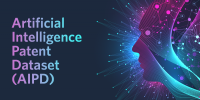 Artificial Intelligence Patent Dataset (AIPD) on a blue background with an outline of a head.