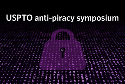 USPTO Anti-Piracy Symposium with digital code and lock with copyright symbol