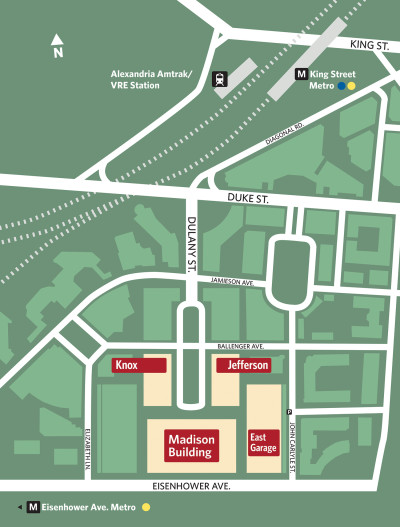 USPTO Alexandria, VA campus. King St. is the map's northern border and Eisenhower Ave. the southern border. The campus is comprised of 7 buildings and 2 parking garages. Eisenhower Ave. Metro Station is to the west and King St. Station to the north.