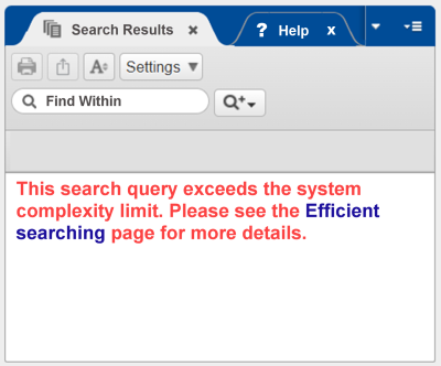 screenshot of the search tool displaying an error when they query exceeds system complexity limit