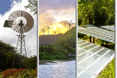 IP5-sustainable innovation event image showing windmill, wind turbines and solar panels in tropical settings.