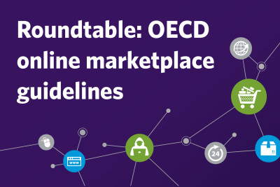 Roundtable on OECD e-commerce guides” text on a dark blue background with multiple icons including a computer mouse, world wide web graphic, hacker, a shipping box, and a shopping cart full of goods.