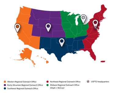 Map showing the locations and coverage areas of the USPTO's regional offices.