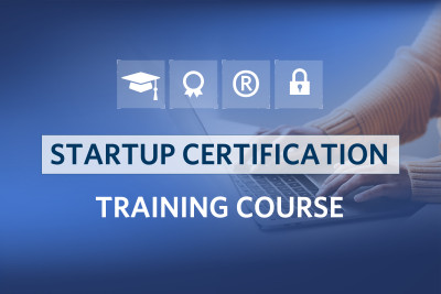 "Startup certification training course" is layered above a photo of a laptop and four icons representing various IP topics