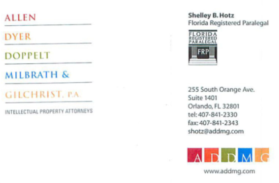 Front and back of a business card for intellectual property attorneys with the Florida Registered Paralegal logo 