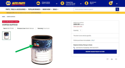 NAPA Auto Parts website with a can of Vortex showing the NAPA mark 