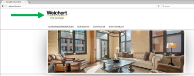 Weichart website showing the Realtors mark with an image of an apartment building living room 