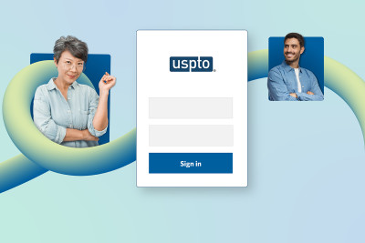 An abstract representation of user accounts with access to many USPTO systems. A login portal is in the middle of the graphic above a thick loopy line. Along the line are pictures of people. 