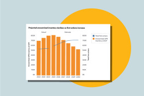 promotional graphic that presents a bar chart. o	A bar chart shows USPTO unexamined inventory of patent applications, starting in fiscal year (FY) 2022 and ending in FY 2030.