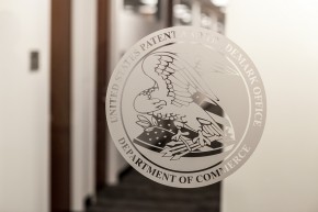 USPTO seal on glass door