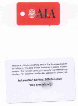 Red keychain with AIA in black text standing for the American Institute of Architects along with an official membership card that is white with black text showing website aia.org and phone number 