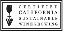 White rectangle shape with black text and logo for Certified California Sustainable Winegrowing 