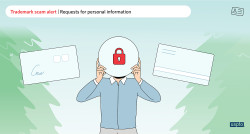 A graphic of a person with a circle in front of their face with a lock symbol on it and the outlines of two large credit cards to their left and right. The text Trademark scam alert – requests for personal information appears at the top of the image.