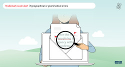 A graphic of a person holding a magnifying glass above some misspelled words in an email on their computer. The words Trademark scam alert – typographical or grammatical errors appear at the top of the image.
