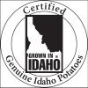 Logo in black showing the Certified Genuine Idaho Potatoes logo with shape of state inside a circle and text reading Grown in Idaho 