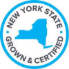 New York State Grown and Certified stamp with a blue circle and share of state 