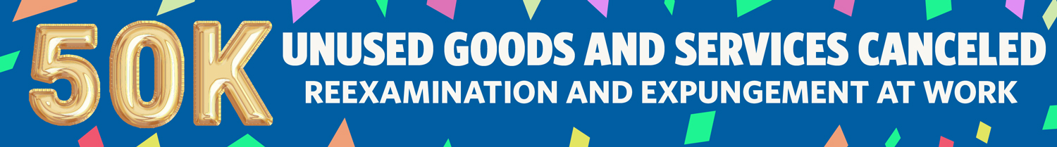 A blue and gold banner with colorful confetti that says, “Celebrating 50,000 goods and services canceled.”