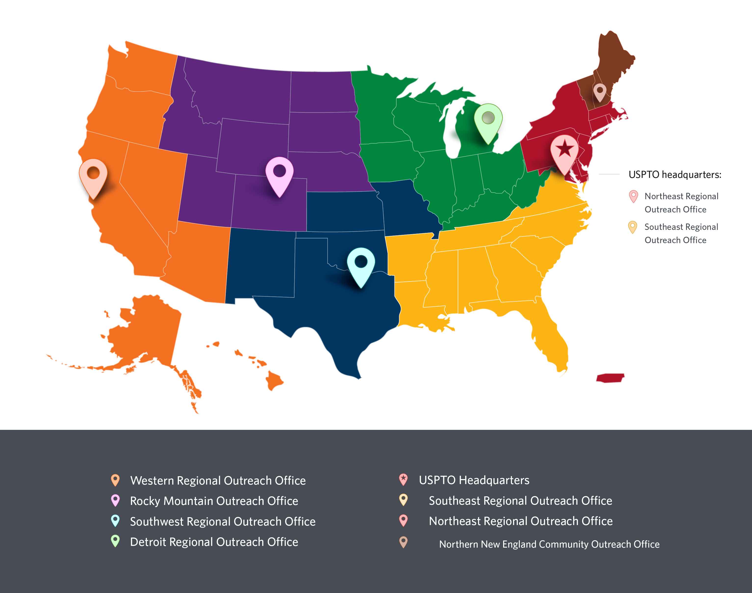 U.S. map showing states grouped into different colors to outline what states fall under a particular regional office.