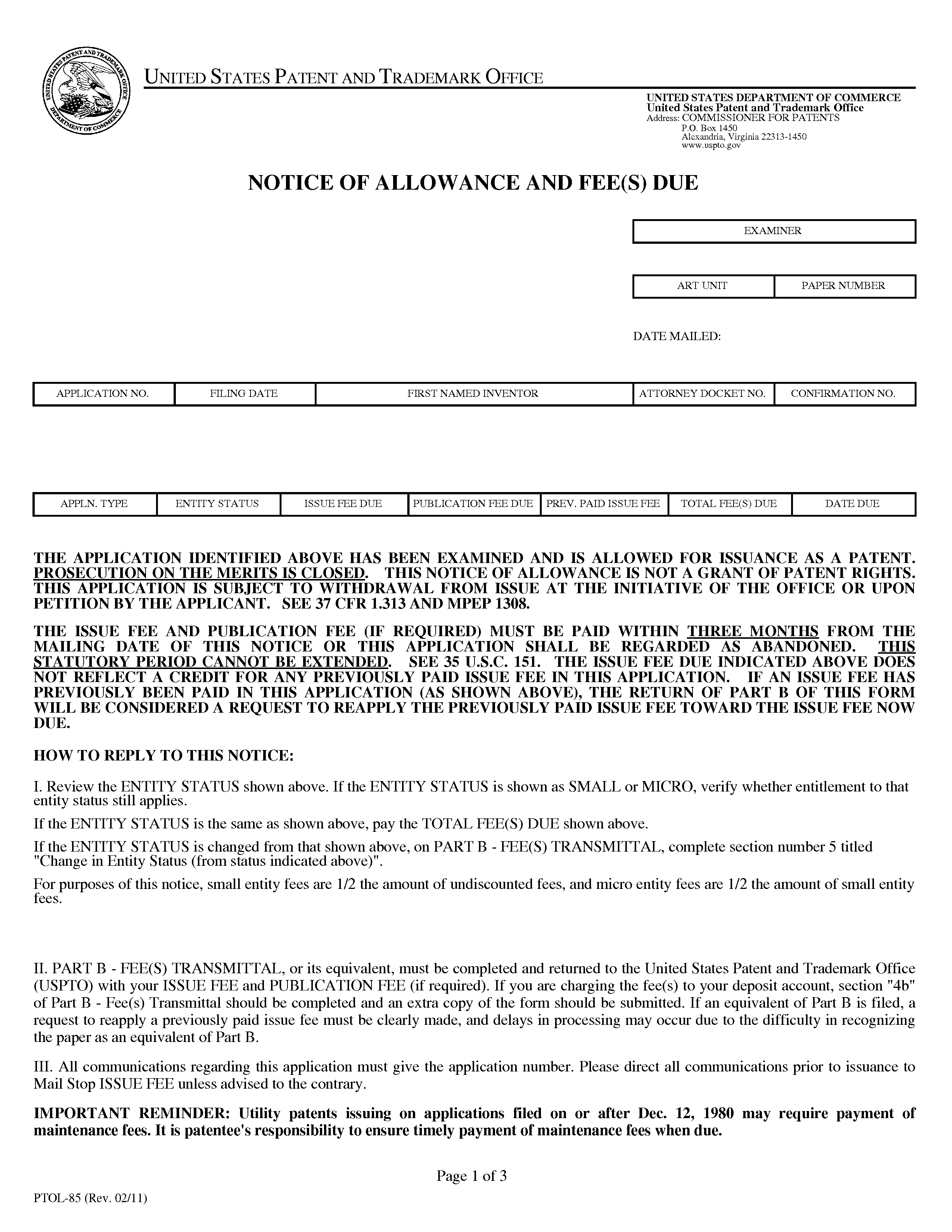 Notice of Allowance and Fee(s) Due (PTOL-85)