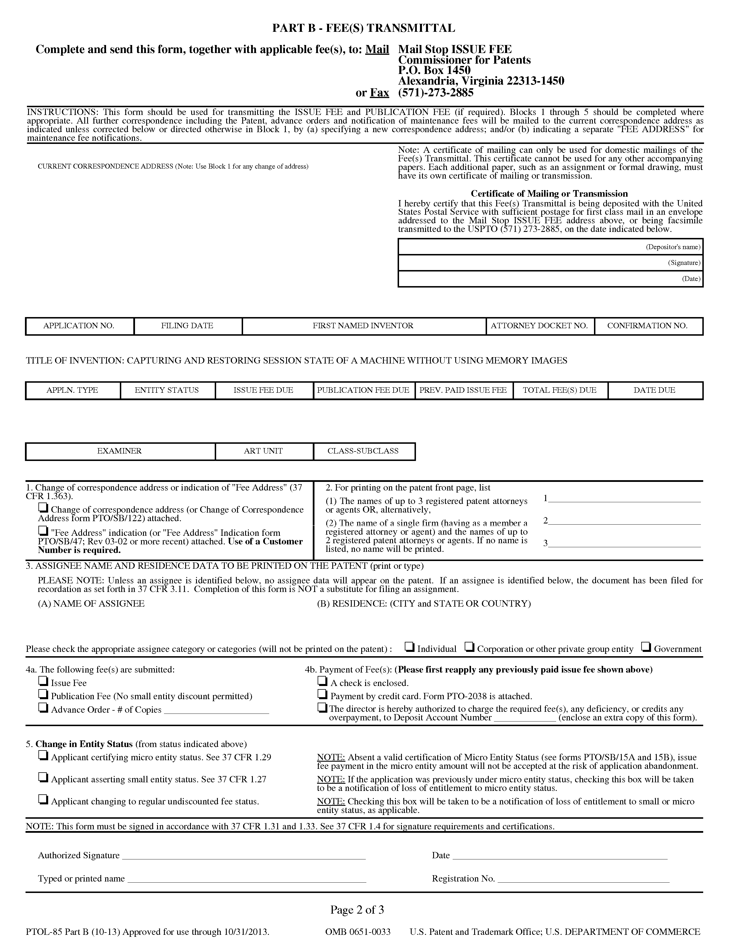 Part B - Fee(s) Transmittal (PTOL-85)