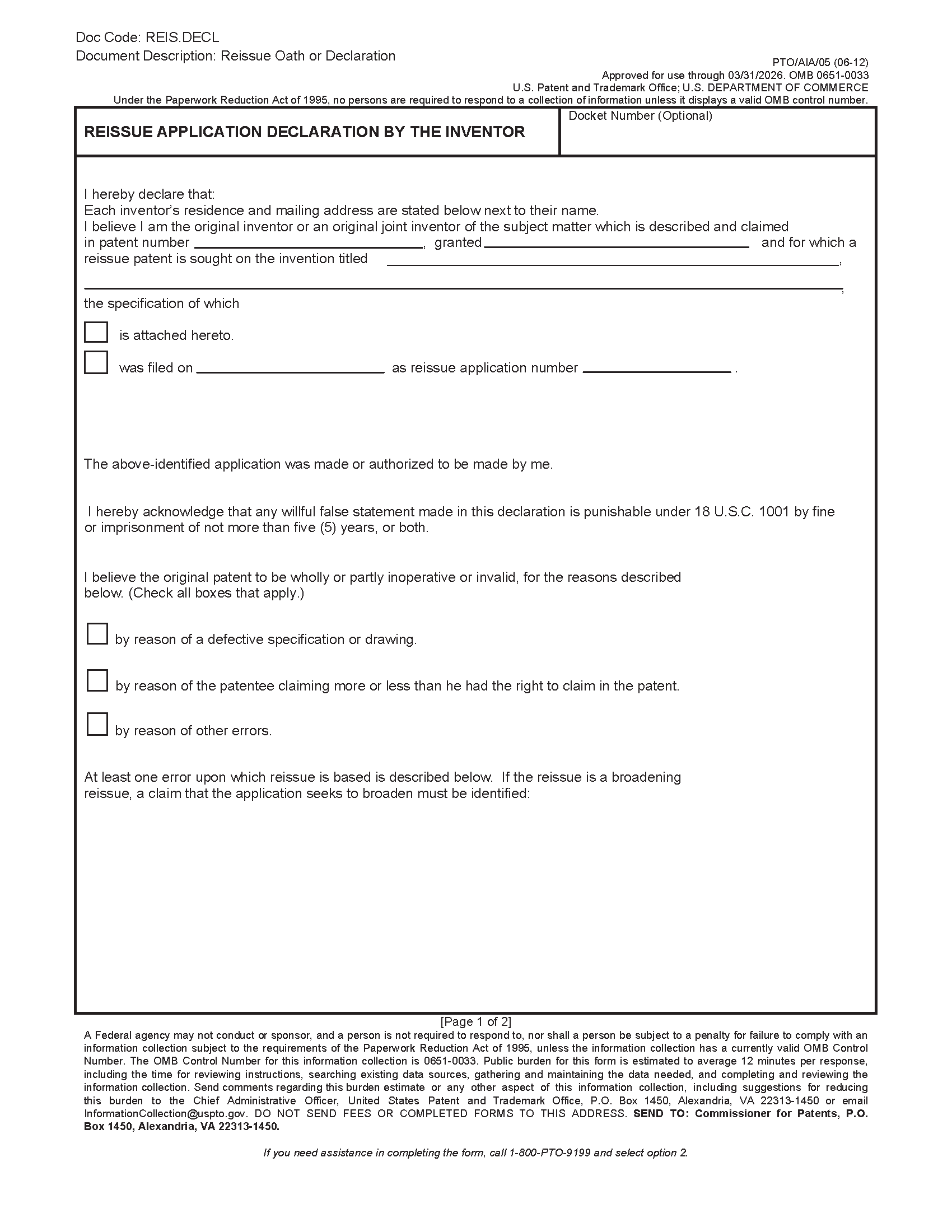 PTO/AIA/05 Page 1