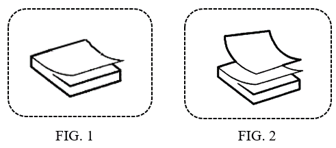 Image shows a figure 1 and a figure 2. Figure 1 shows a first image of a paper stack in a sequence with one sheet lifted up and which is surrounded by a broken line box.  Figure 2 shows a second image of a paper stack in a sequence with two sheets lifted up and which is surrounded by a broken line box.