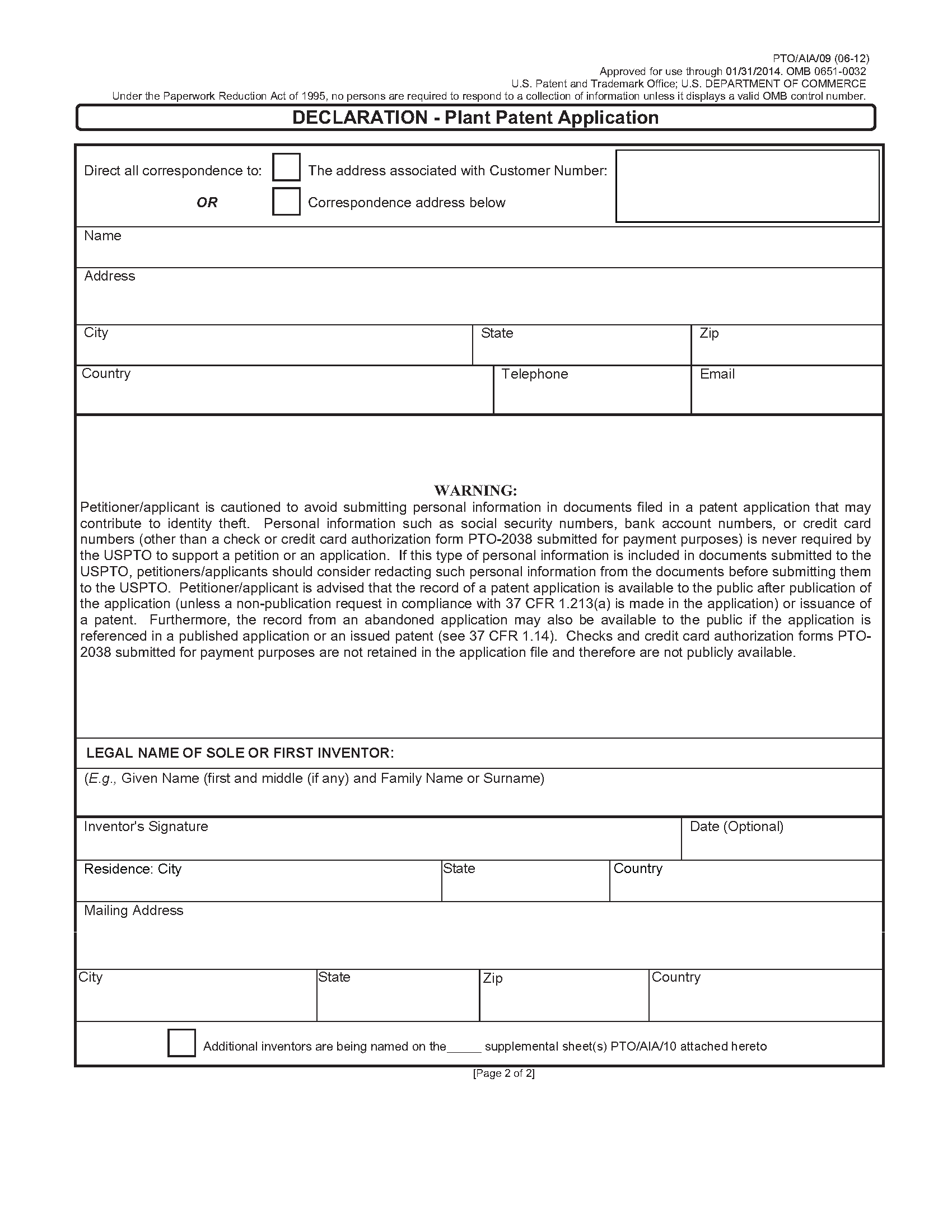 Declaration - Plant Patent Application (Page 2)