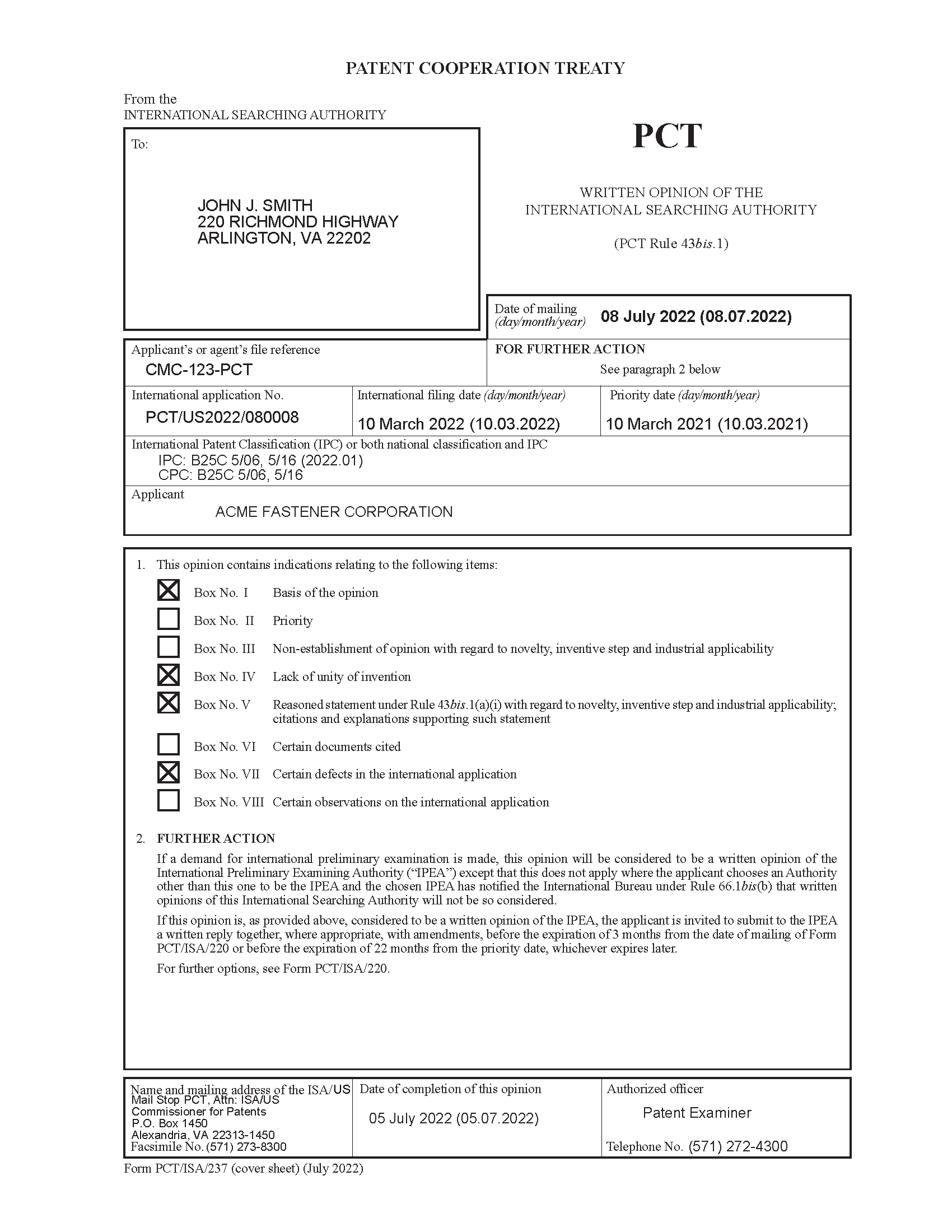 Patent Cooperation Treaty (PCT) Written Opinion of the International Searching Authority (PCT Rule 43bis.1)