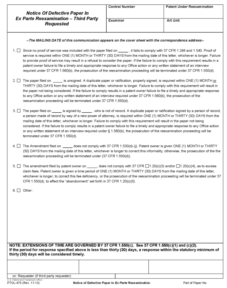 Form PTOL-475 Notice of Defective Paper in Ex Parte Reexamination - Third Party Requested