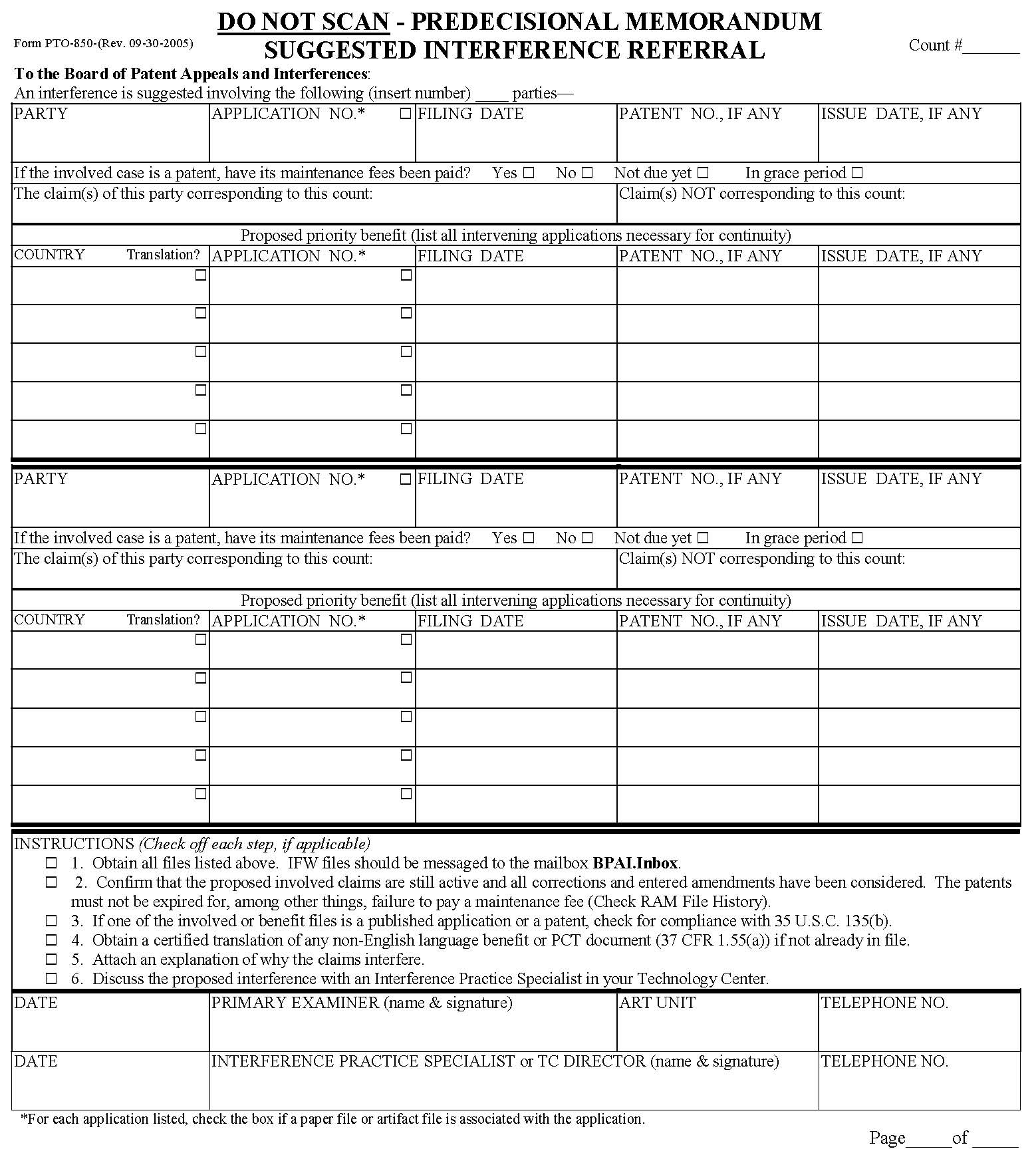 Predecisional Memorandum Suggested Interference Referral (Form PTO-850)