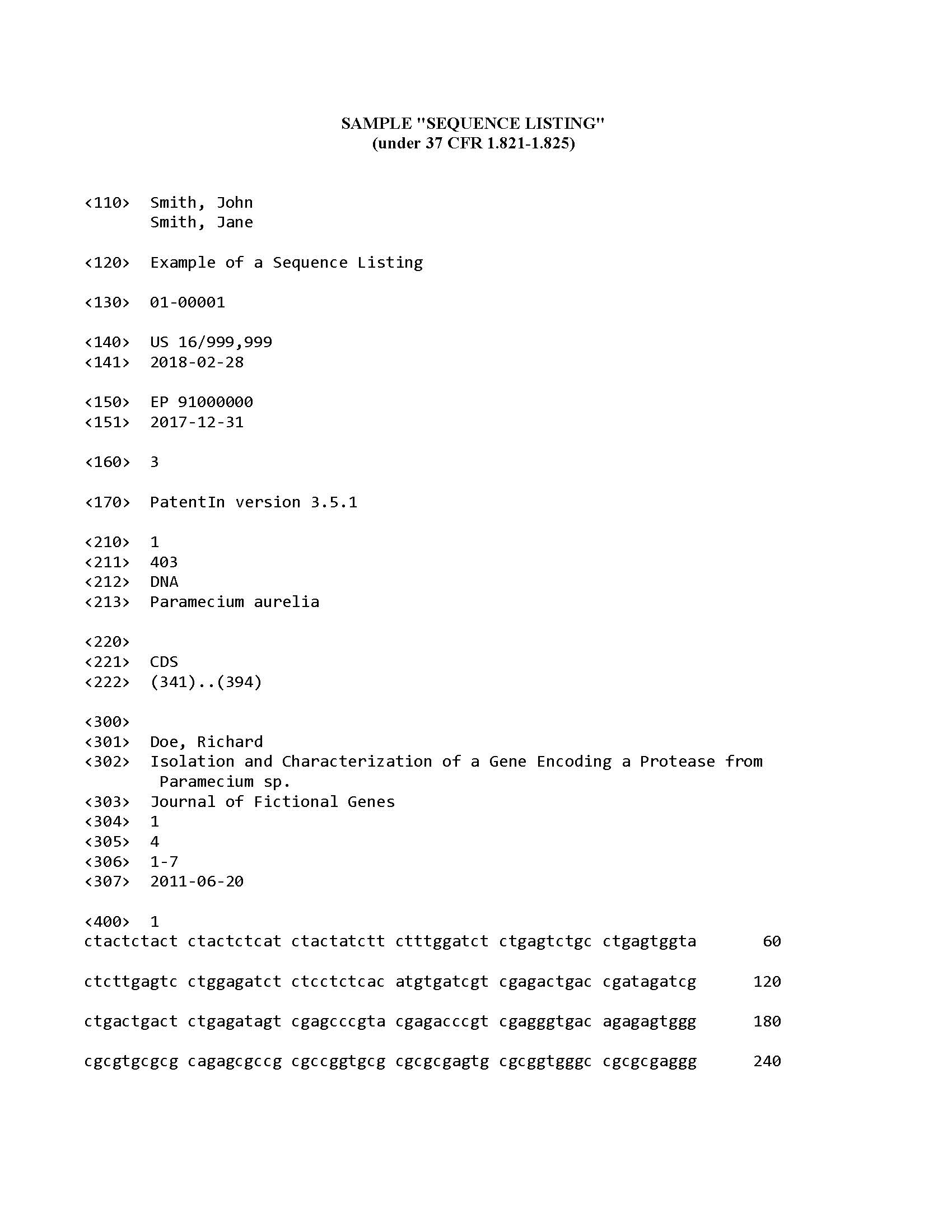 Appendix A Subpart G To Part I -- Sample Sequence Listing -- page 1