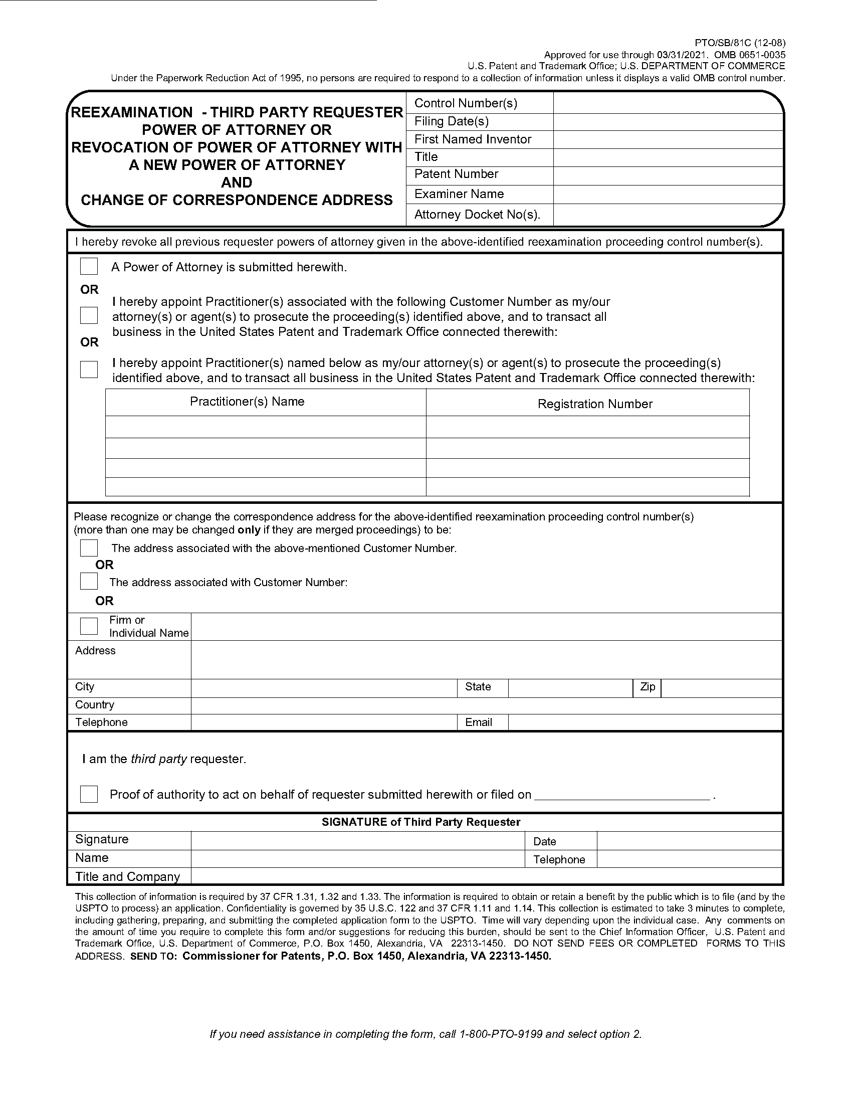 PTO/SB/81C. Reexamination - Third Party Requester Power of Attorney or Revocation of Power of Attorney with a New Power of Attorney and Change of Correspondence Address