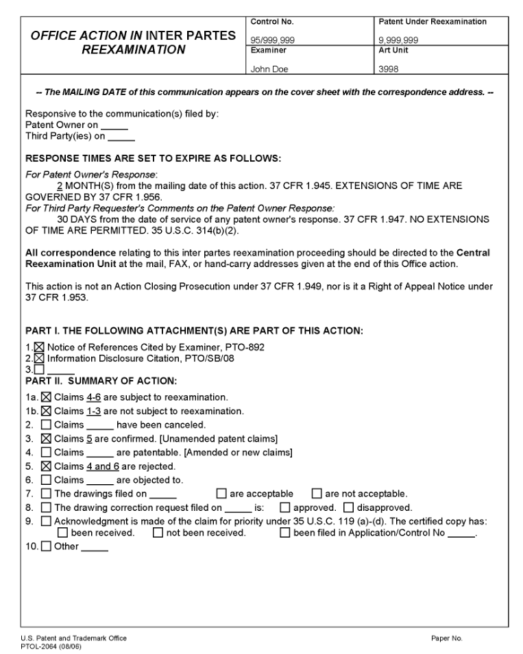 PTOL 2064. Office Action in Inter Partes Reexamination.