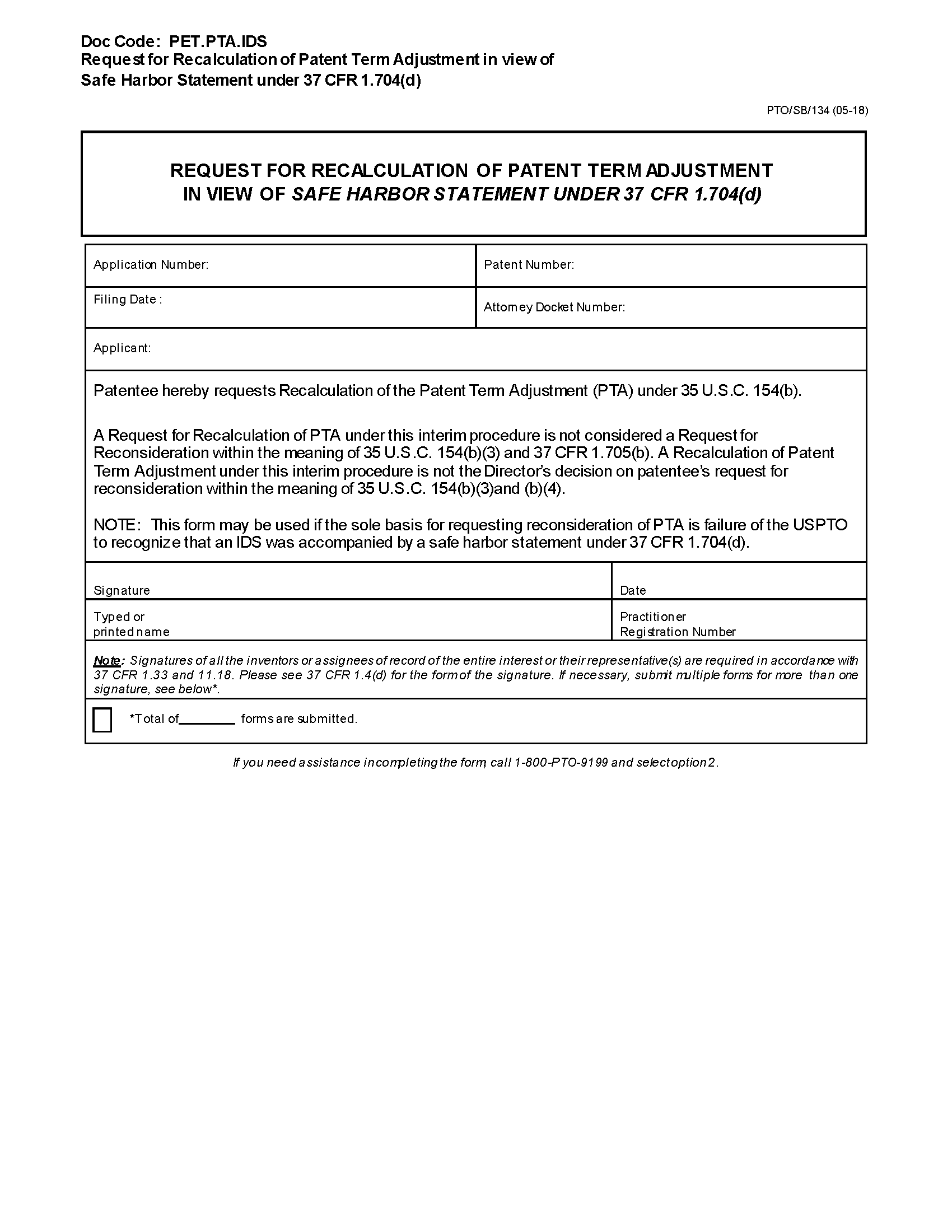 PTO/SB/134 Request for Recalculation of PTA in view of Safe Harbor Statment under 37 CFR 1.704(d), Page 1