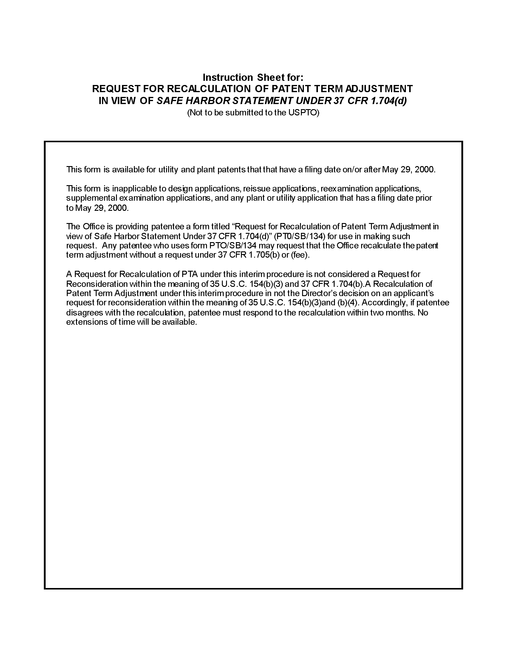 PTO/SB/134 Request for Recalculation of PTA in view of Safe Harbor Statment under 37 CFR 1.704(d), Page 2