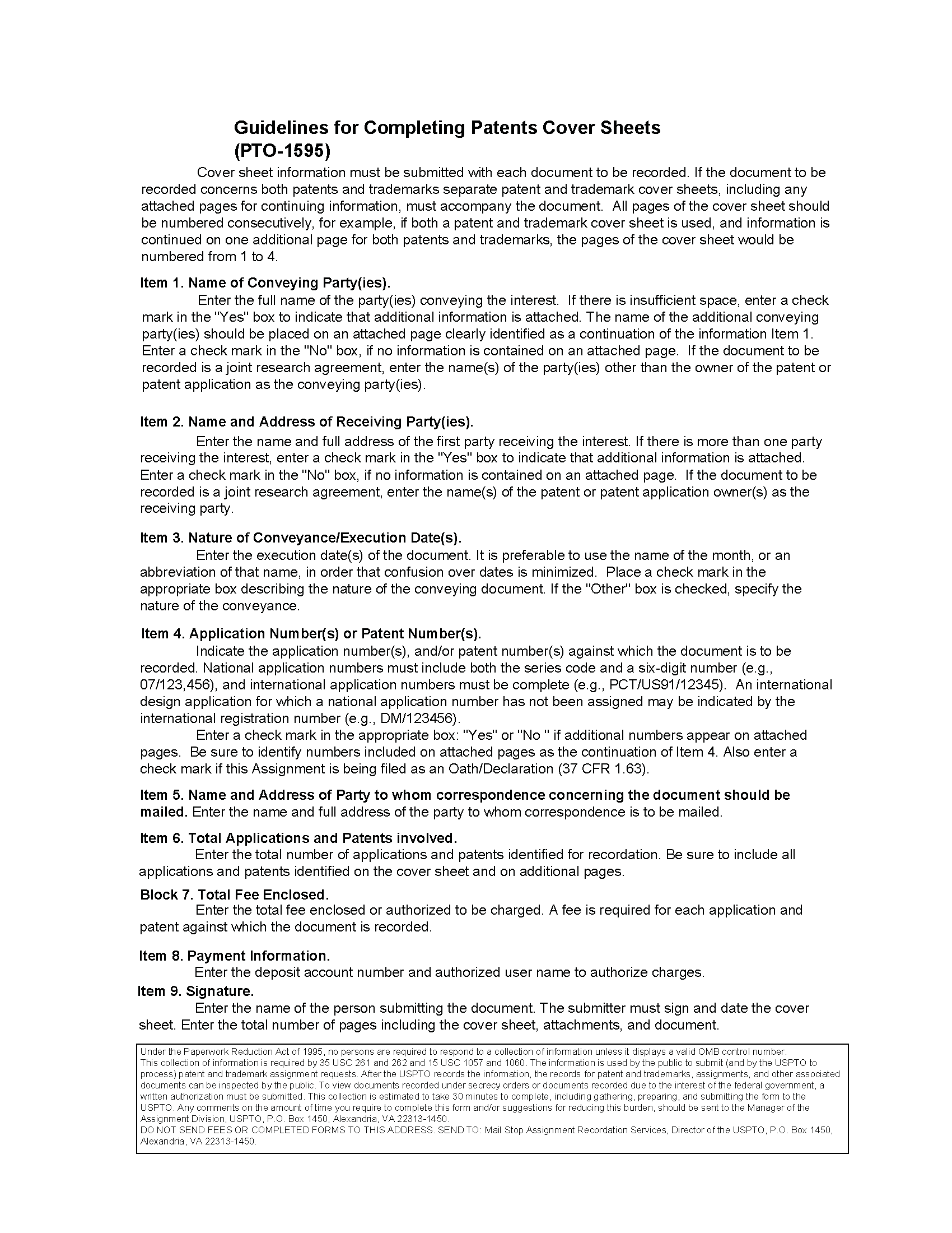 Form PTO-1595. Recordation Form Cover Sheet for Patents (Guidelines for Completing)