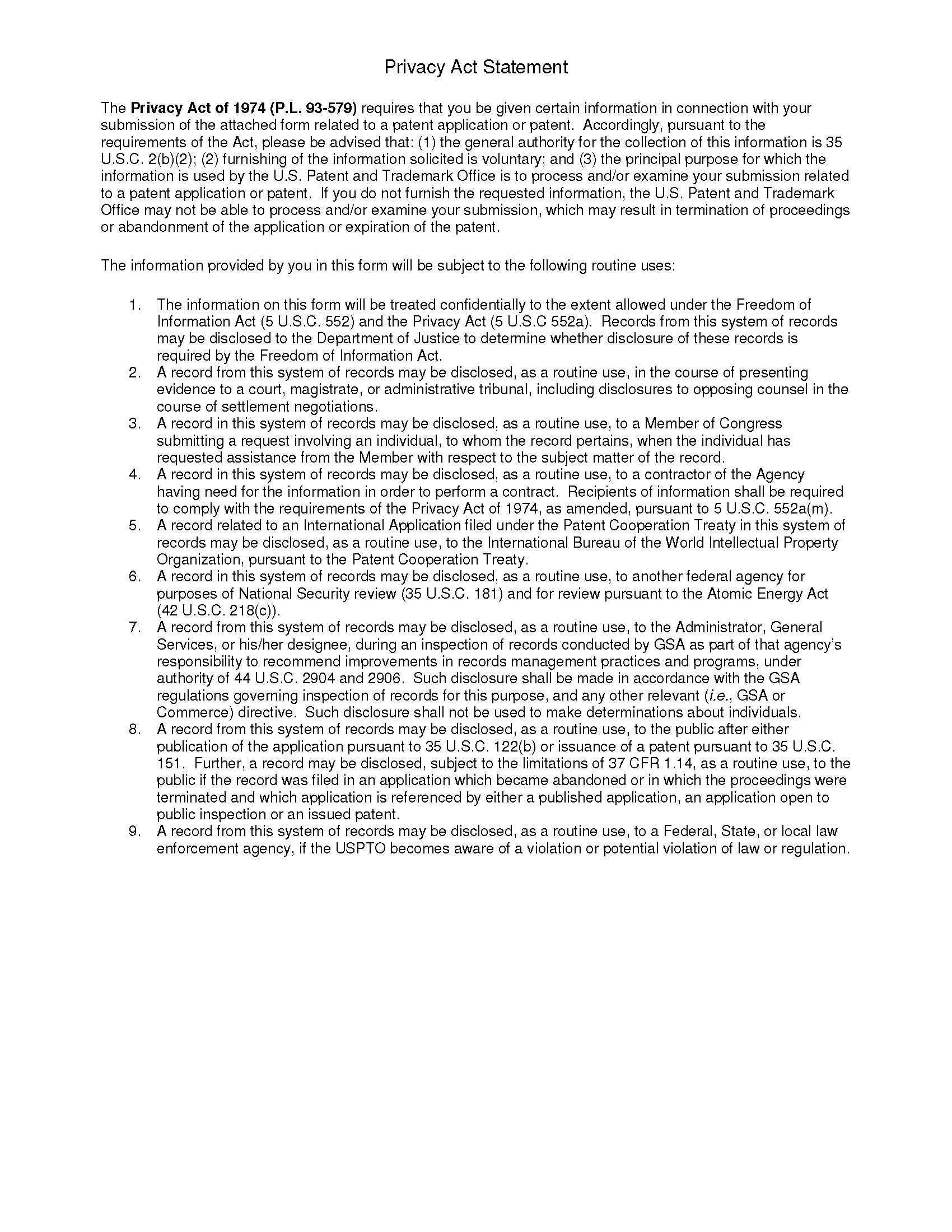 Form PTO/AIA/96. Statement Under 37 CFR 3.73(c), privacy act statement