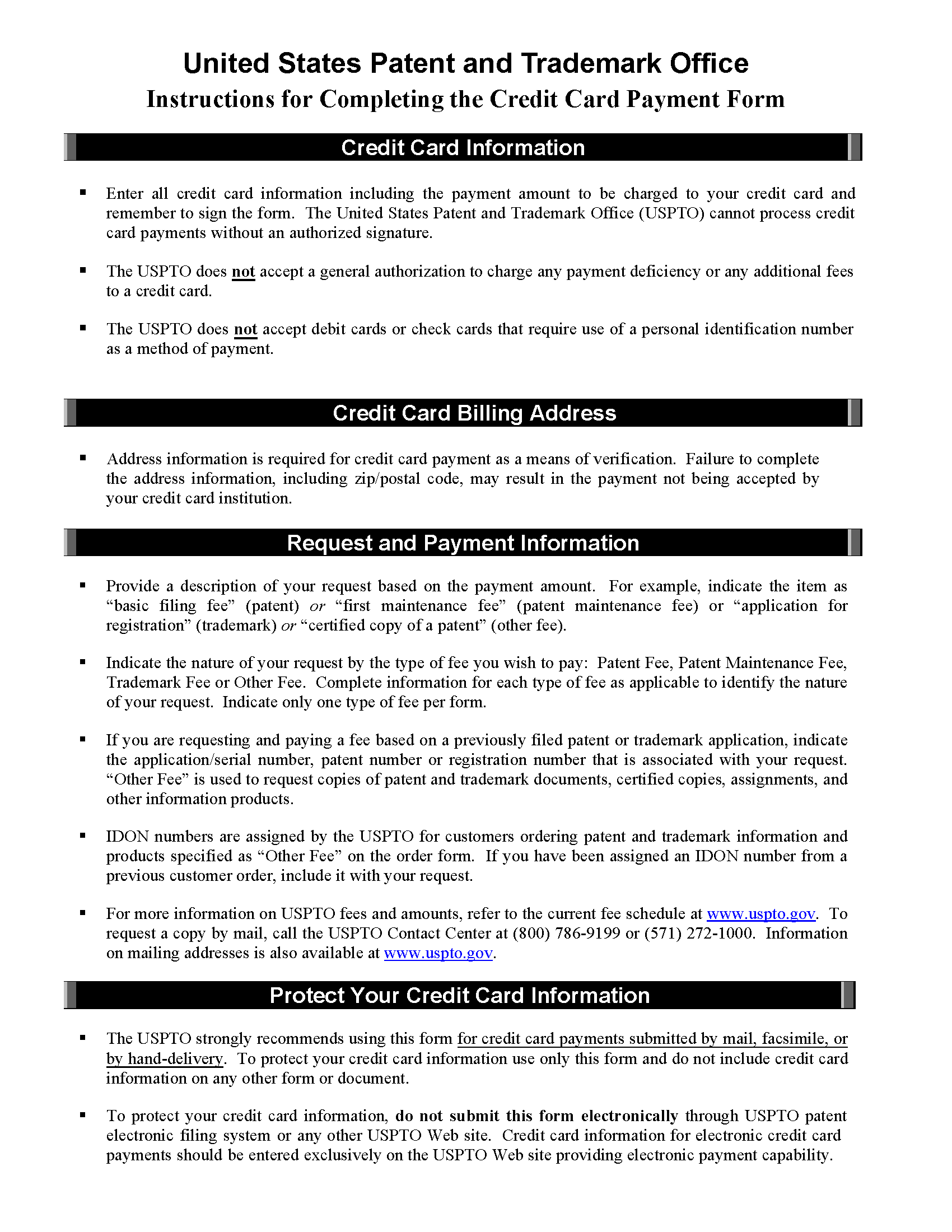 Instructions for Completing the Credit Card Payment Form (PTO-2038)