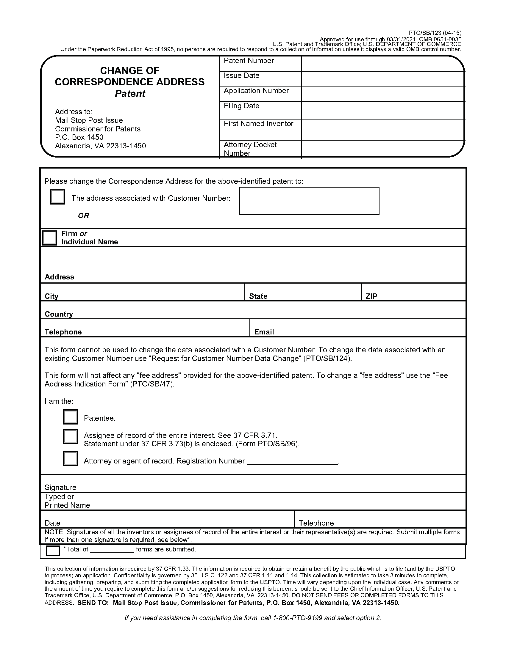 Change of Correspondence Address - Patent