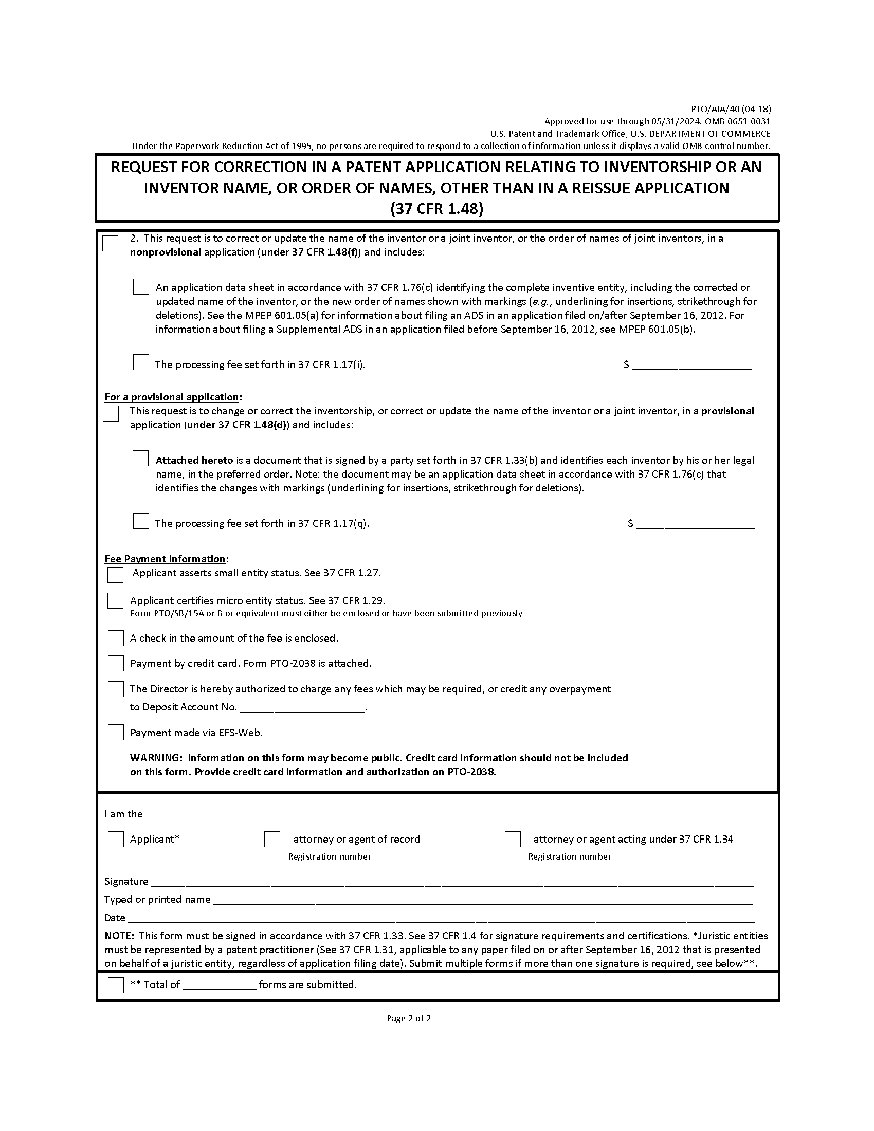 Request for correction in a patent application relating to inventorship or an inventor name, or order of names, other than in a reissue application - page 2