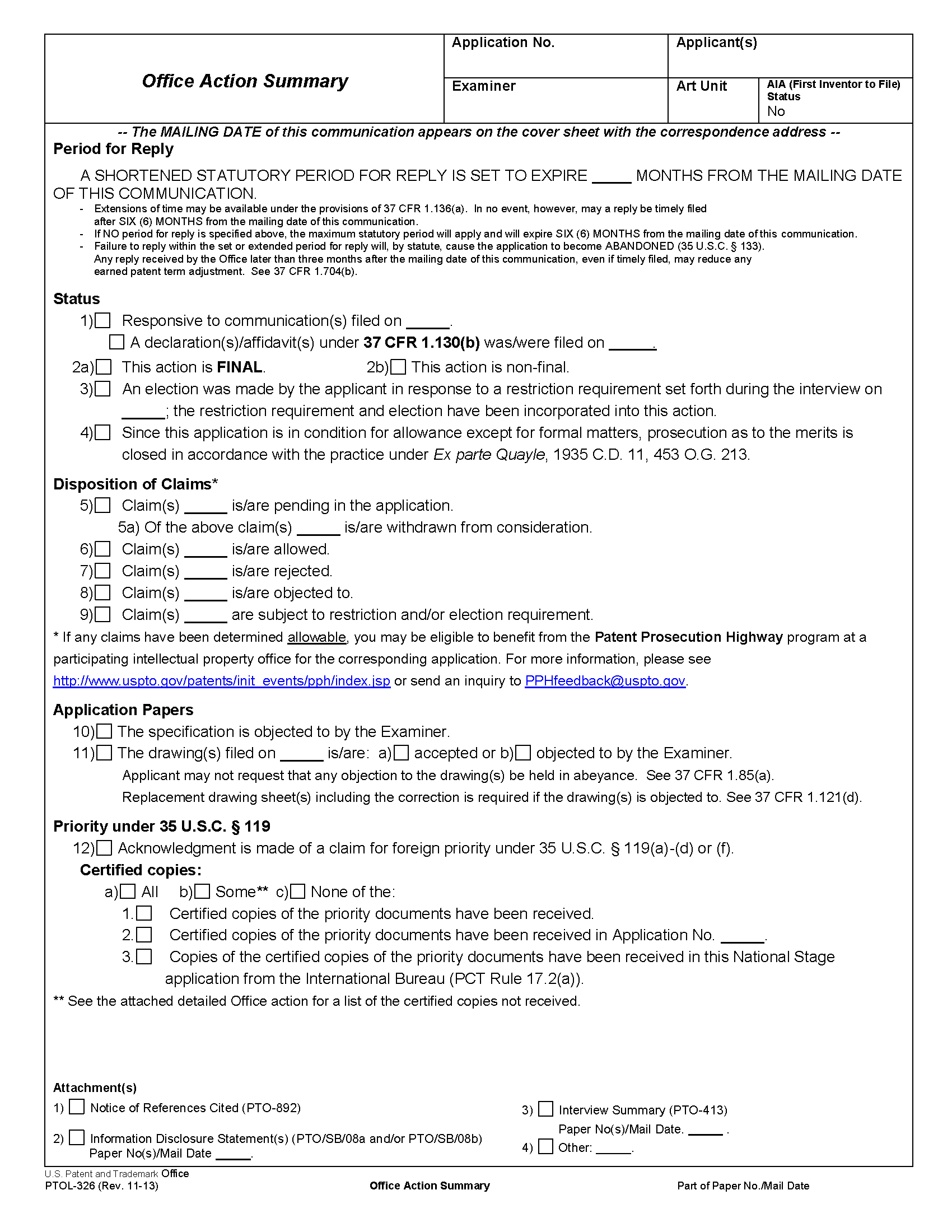 Form PTO-326. Office Action Summary