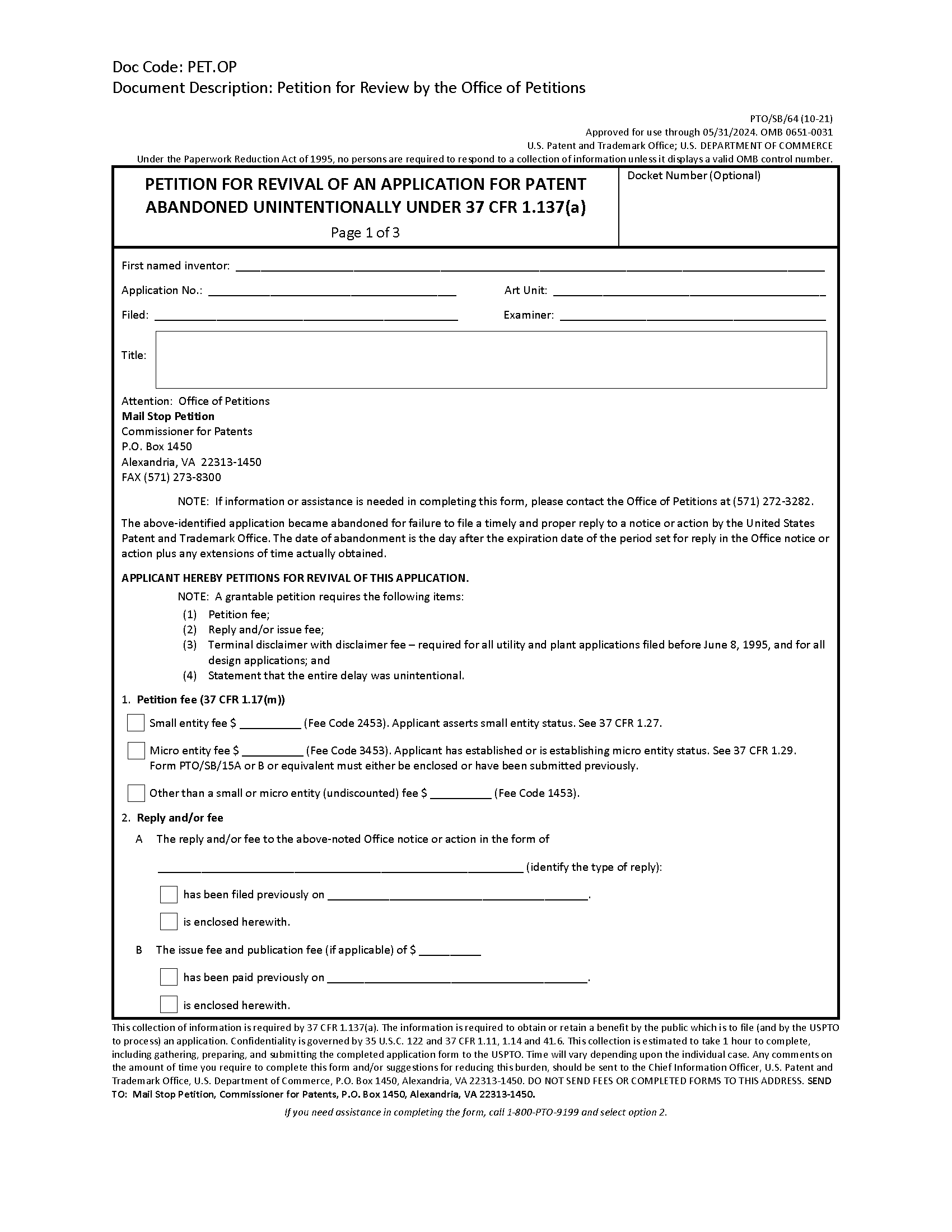 Form PTO/SB/64. Petition for Revival of an Application for Patent Abandoned Unintentionally Under 37 CFR 1.137(b) [Page 1 of 3]