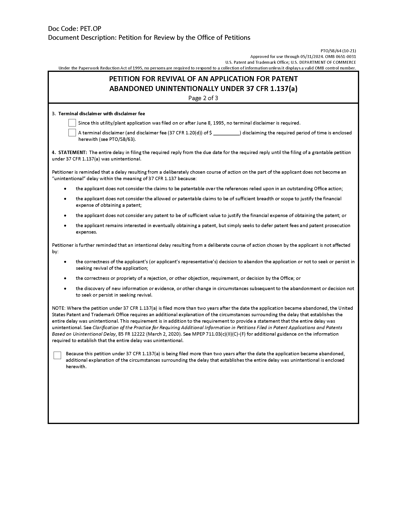 Form PTO/SB/64. Petition for Revival of an Application for Patent Abandoned Unintentionally Under 37 CFR 1.137(b) [Page 2 of 3]