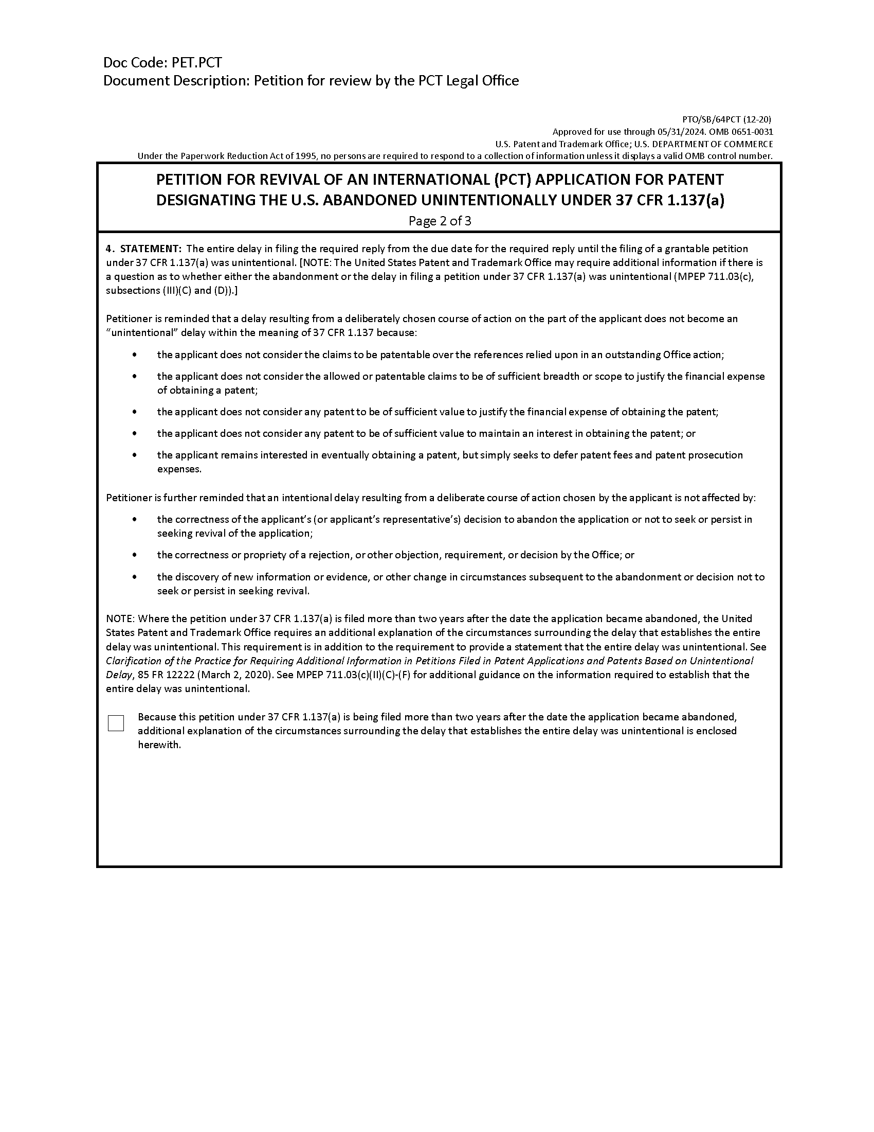 Form PTO/SB/64/PCT Petition for Revival of an International Application for Patent Designating the U.S. Abandoned Unintentionally Under 37 CFR 1.137(b) [Page 2 of 3]