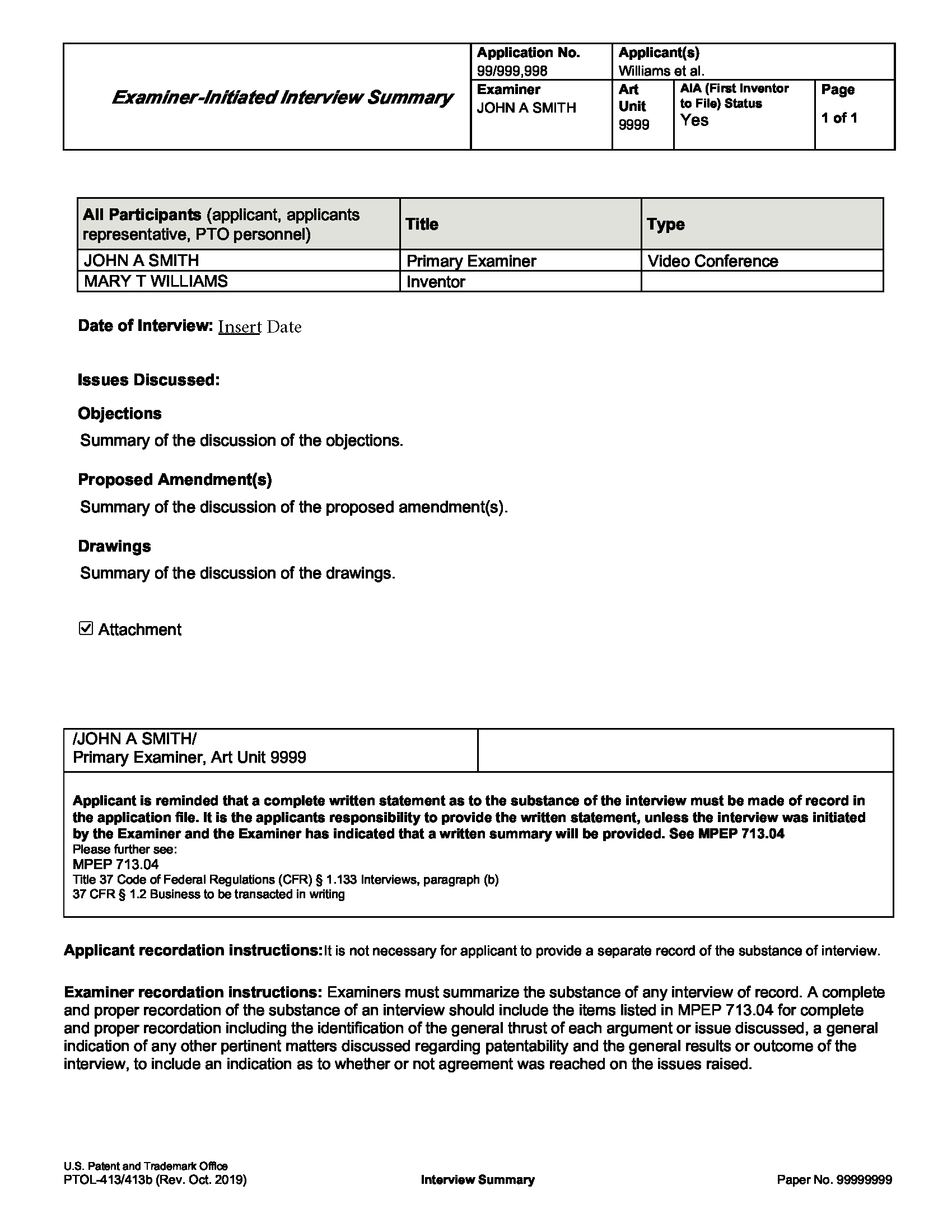 Sample PTOL-413/413b Examiner-Initiated