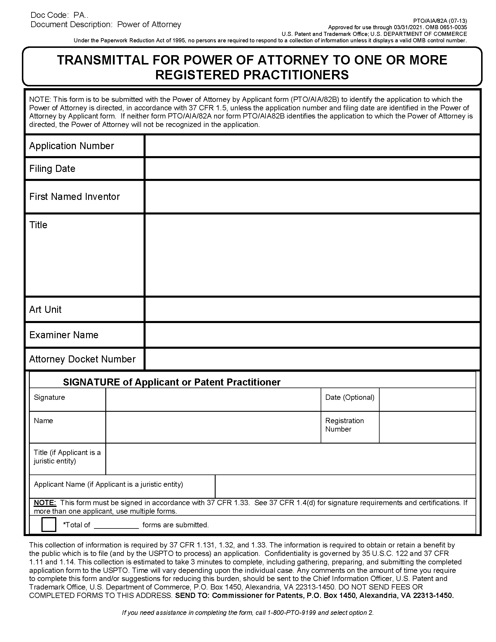 Transmittal form PTO/AIA/82A