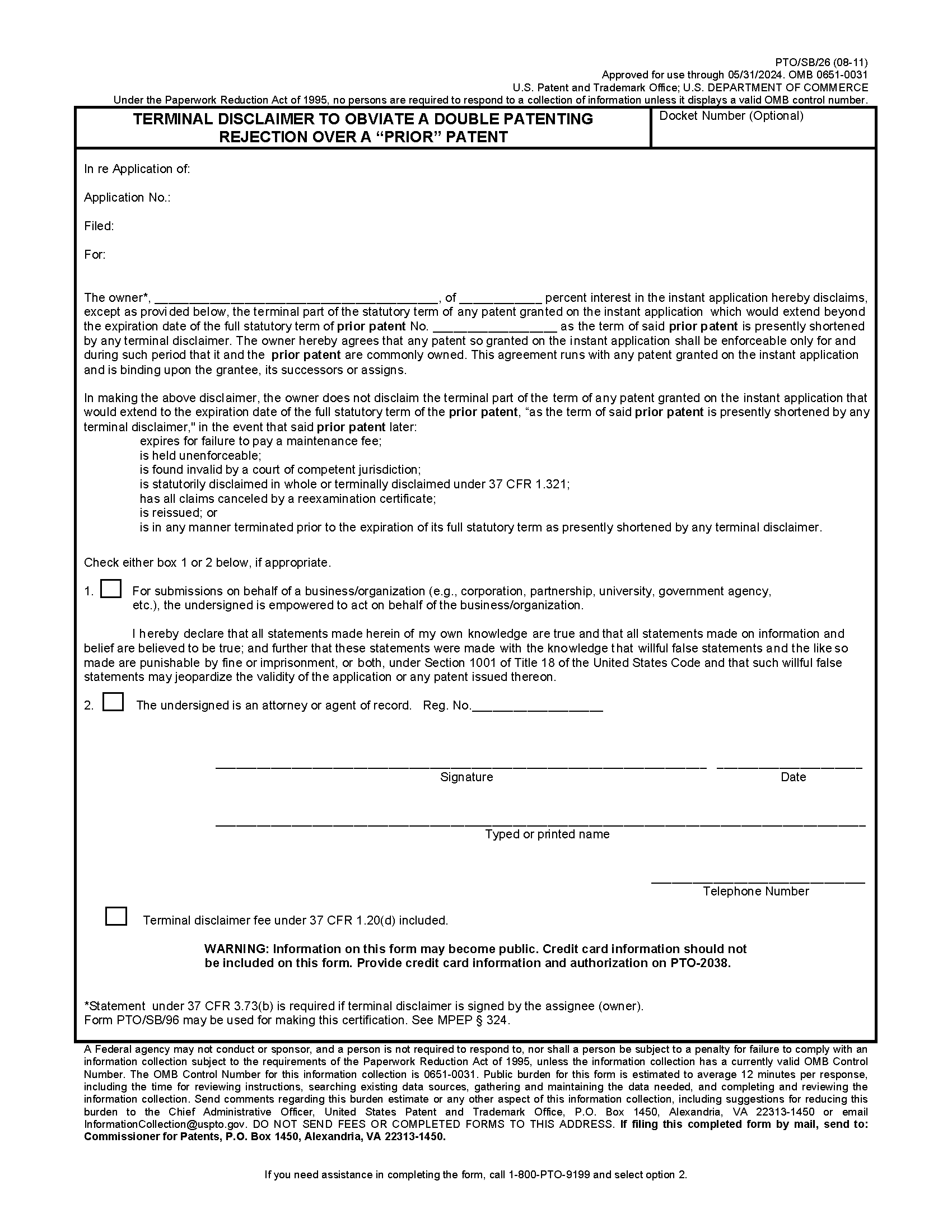 SB Terminal Disclaimer Prior Double Patenting Rejection Page 1