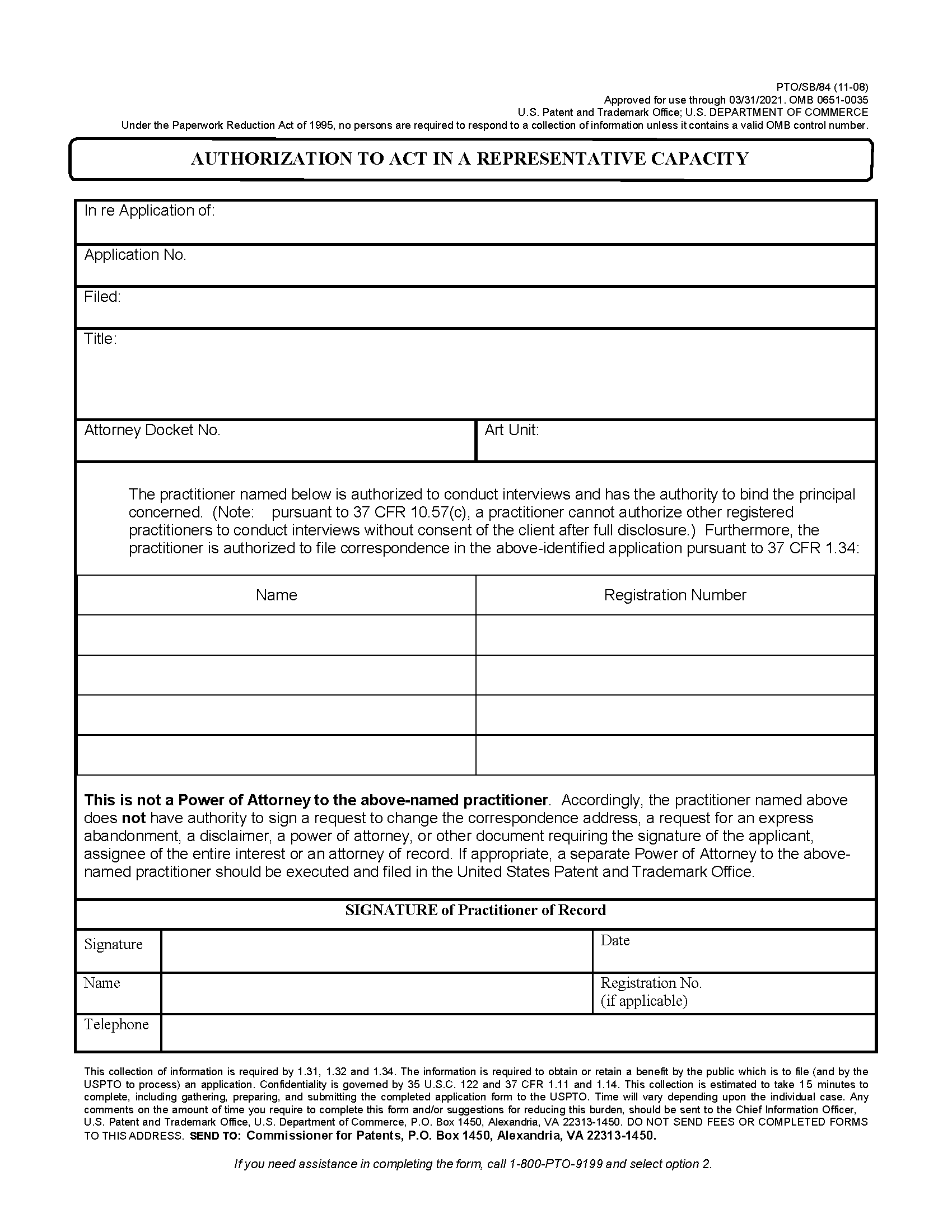 PTO/SB/84. Authorization To Act in a Representative Capacity